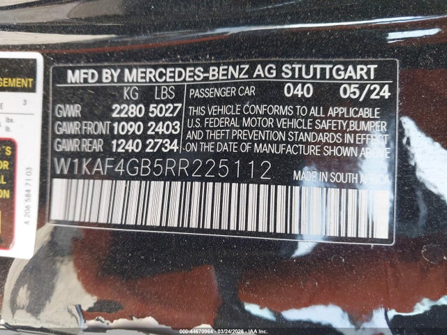 2024 Mercedes-benz C 300 მანქანა იყიდება აუქციონზე, vin: W1KAF4GB5RR225112, აუქციონის ნომერი: 44670964