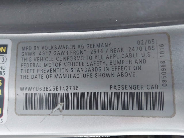Aukcja sprzedaży 2005 Volkswagen Passat Glx, vin: WVWYU63B25E142786, numer aukcji: 44670995