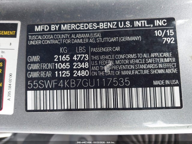 2016 Mercedes-benz C 300 4matic მანქანა იყიდება აუქციონზე, vin: 55SWF4KB7GU117535, აუქციონის ნომერი: 44671006