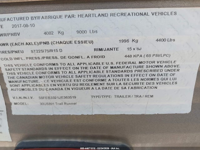5SFEB3321JE363519 Heartland Trail Runner 30usbh