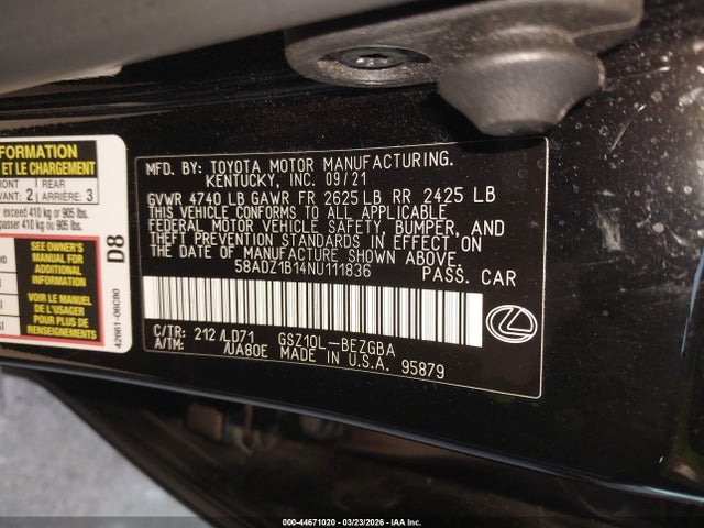 44671020 :رقم المزاد ، 58ADZ1B14NU111836 vin ، 2022 Lexus Es 350 مزاد بيع