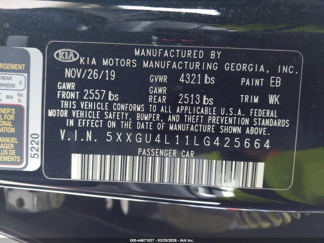 Aukcja sprzedaży 2020 Kia Optima Ex Premium, vin: 5XXGU4L11LG425664, numer aukcji: 44671027