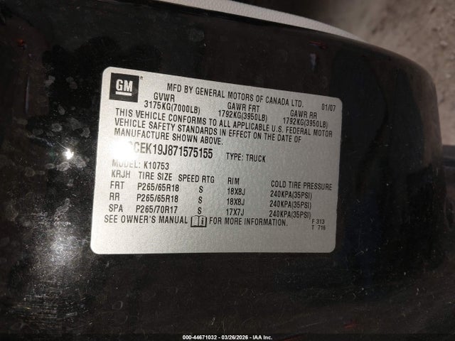 Продажа на аукционе авто 2007 Chevrolet Silverado 1500 Ltz, vin: 2GCEK19J871575155, номер лота: 44671032
