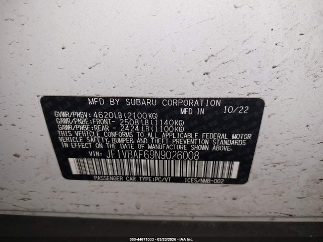 Aukcja sprzedaży 2022 Subaru Wrx Premium, vin: JF1VBAF69N9026008, numer aukcji: 44671033
