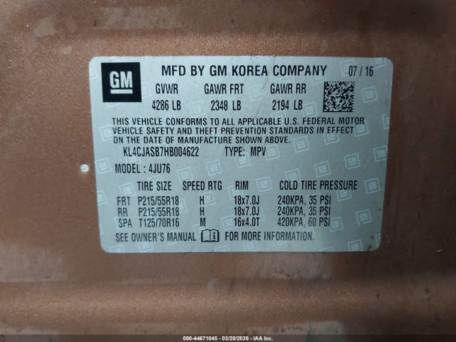 Продаж на аукціоні авто 2017 Buick Encore Preferred, vin: KL4CJASB7HB004622, номер лоту: 44671045