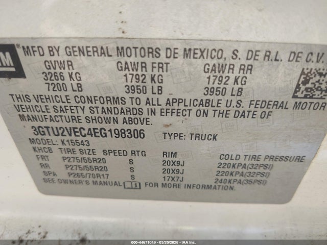 Продаж на аукціоні авто 2014 Gmc Sierra 1500 Slt, vin: 3GTU2VEC4EG198306, номер лоту: 44671049