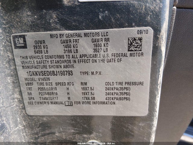 44671068 :رقم المزاد ، 1GKKVSED6BJ190793 vin ، 2011 Gmc Acadia Slt-2 مزاد بيع