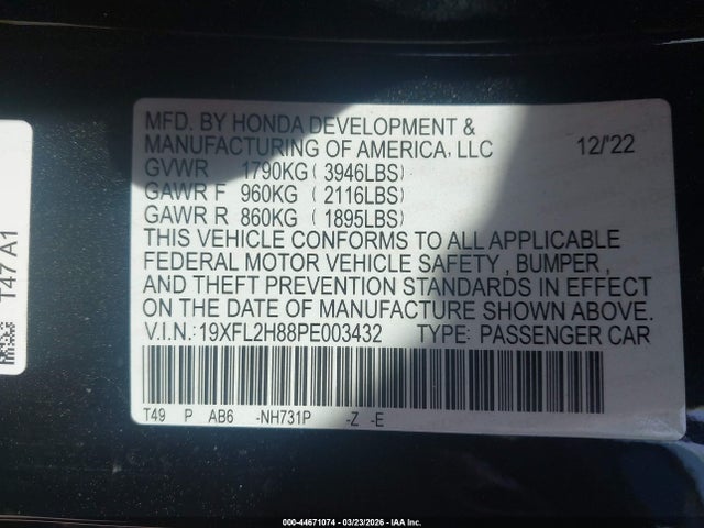 44671074 :رقم المزاد ، 19XFL2H88PE003432 vin ، 2023 Honda Civic Sport مزاد بيع