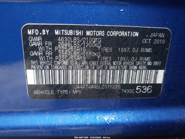 Продаж на аукціоні авто 2020 Mitsubishi Eclipse Cross Le 1.5t Awc, vin: JA4AT4AA5LZ015226, номер лоту: 44671098
