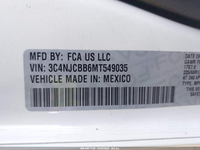3C4NJCBB6MT549035 Jeep Compass Latitude Fwd