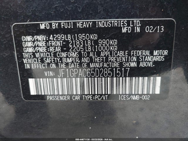 2013 Subaru Impreza 2.0i Premium მანქანა იყიდება აუქციონზე, vin: JF1GPAC65D2851517, აუქციონის ნომერი: 44671130