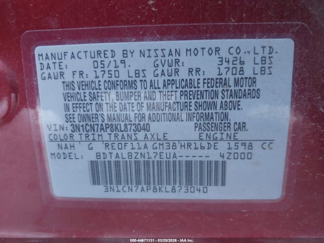 Aukcja sprzedaży 2019 Nissan Versa 1.6 Sv, vin: 3N1CN7AP8KL873040, numer aukcji: 44671131