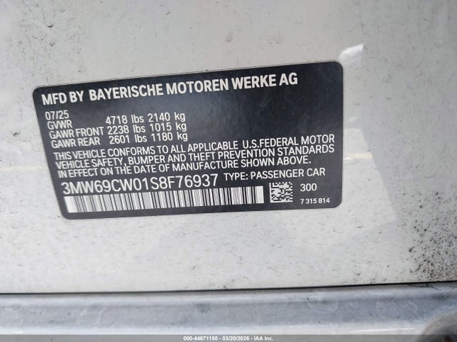 44671150 :رقم المزاد ، 3MW69CW01S8F76937 vin ، 2025 Bmw 330i مزاد بيع