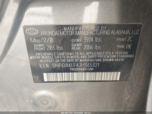 Aukcja sprzedaży 2018 Hyundai Elantra Sel, vin: 5NPD84LF4JH365321, numer aukcji: 44671153