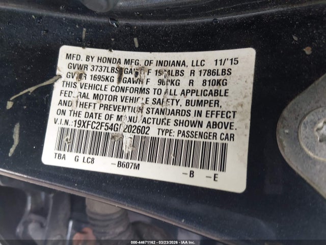 Honda Civic Lx 2016 19XFC2F54GE202602 Image 9