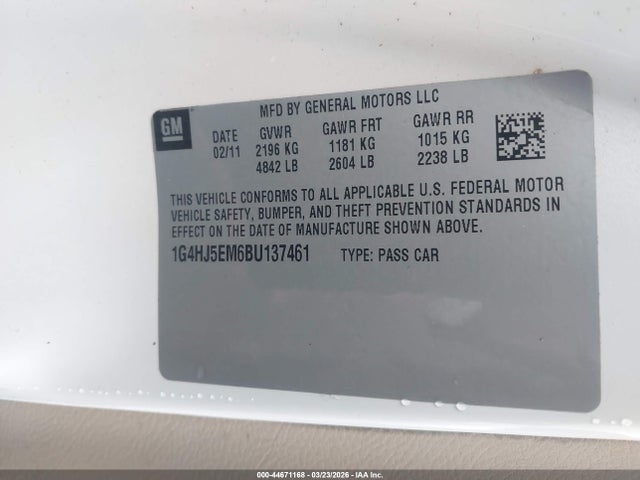 Aukcja sprzedaży 2011 Buick Lucerne Cxl Premium, vin: 1G4HJ5EM6BU137461, numer aukcji: 44671168