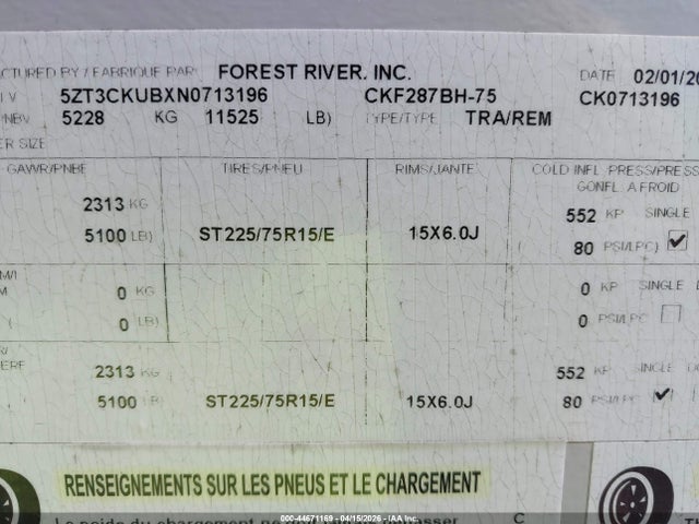44671169 :رقم المزاد ، 5ZT3CKUBXN0713196 vin ، 2022 Forest River Cherokee Artic Pack مزاد بيع