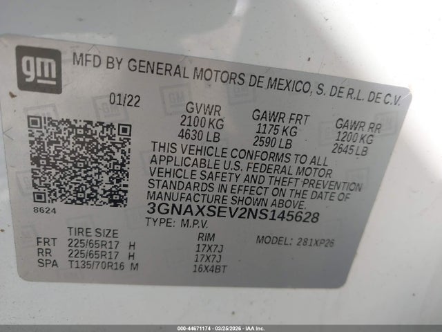 Aukcja sprzedaży 2022 Chevrolet Equinox Awd Ls, vin: 3GNAXSEV2NS145628, numer aukcji: 44671174