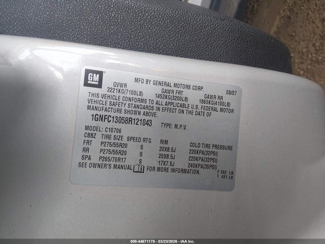 Aukcja sprzedaży 2008 Chevrolet Tahoe Ltz, vin: 1GNFC13058R121043, numer aukcji: 44671178