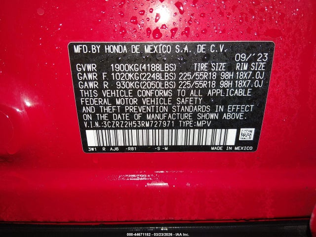 3CZRZ2H53RM727971 Honda Hr-v Awd Sport/awd Sport W/o Bsi