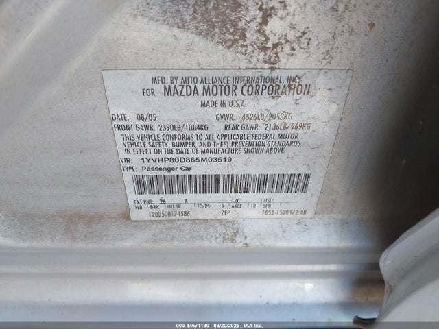 Aukcja sprzedaży 2006 Mazda Mazda6 I Grand Sport, vin: 1YVHP80D865M03519, numer aukcji: 44671190