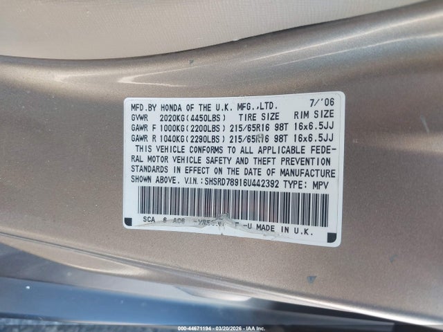 Продажа на аукционе авто 2006 Honda Cr-v Se, vin: SHSRD78916U442392, номер лота: 44671194