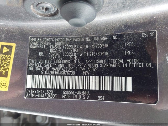 5TDJZRFH6JS876730 Toyota Highlander Xle