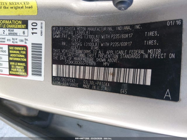 5TDKK3DC6GS701979 Toyota Sienna Le 8 Passenger