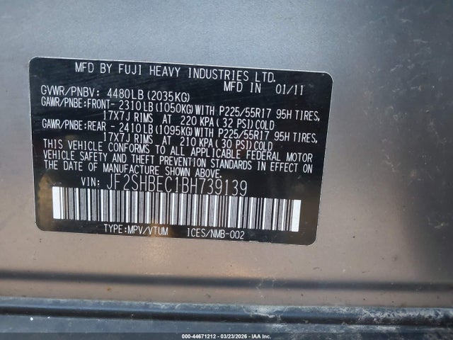 2011 Subaru Forester 2.5x Limited მანქანა იყიდება აუქციონზე, vin: JF2SHBEC1BH739139, აუქციონის ნომერი: 44671212