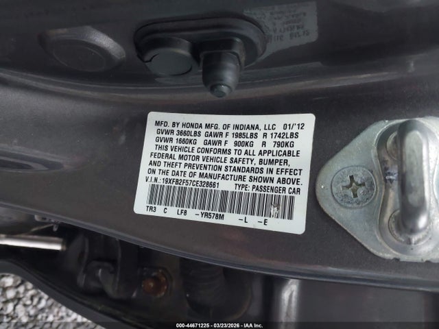 44671225 :رقم المزاد ، 19XFB2F57CE328661 vin ، 2012 Honda Civic Lx مزاد بيع