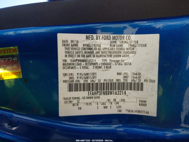 2011 FORD FOCUS 1FAHP3FN8BW163214 Photo 8