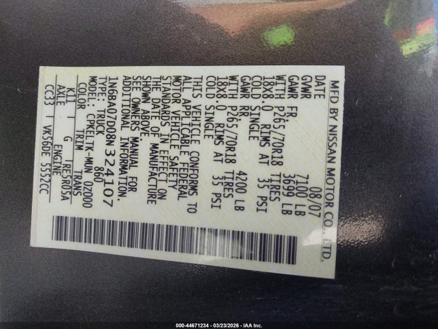 2008 NISSAN TITAN 1N6BA07D08N324107 Photo 8