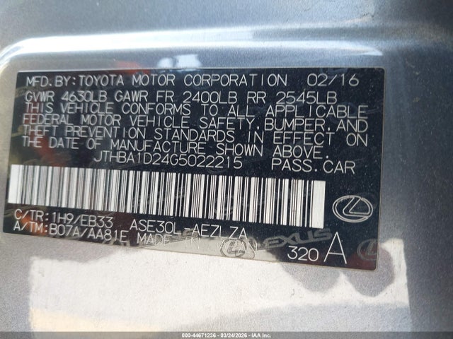 44671236 :رقم المزاد ، JTHBA1D24G5022215 vin ، 2016 Lexus Is 200t مزاد بيع