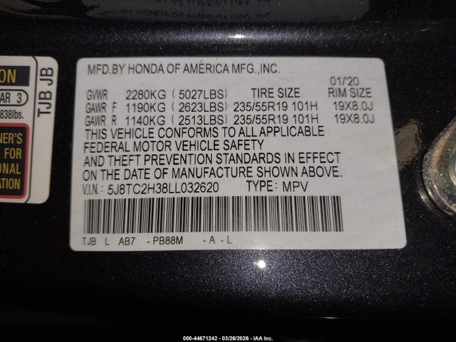 Aukcja sprzedaży 2020 Acura Rdx Standard, vin: 5J8TC2H38LL032620, numer aukcji: 44671242