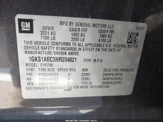1GKS1AEC3HR204821 GMC YUKON SLE