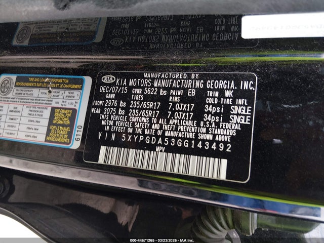 44671265 :رقم المزاد ، 5XYPGDA53GG143492 vin ، 2016 Kia Sorento 3.3l Lx مزاد بيع