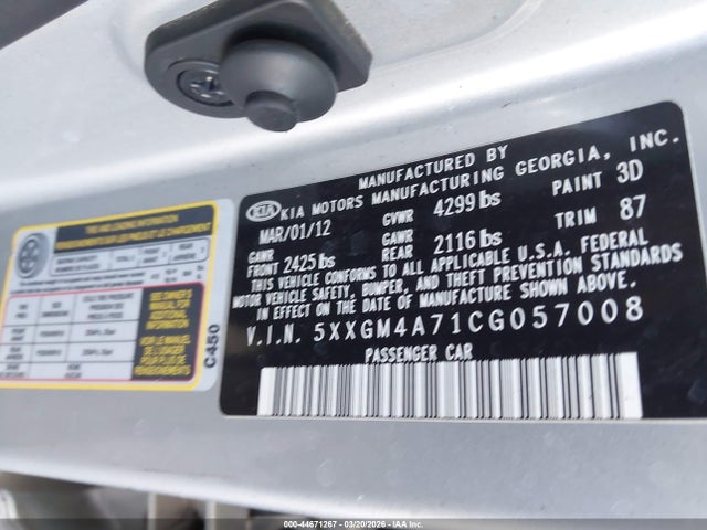 Auction sale of the 2012 Kia Optima Lx, vin: 5XXGM4A71CG057008, lot number: 44671267