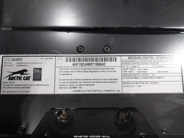 Продажа на аукционе авто 2024 Arctic Cat 794 Cc, vin: 4UF1S2JH8RT100642, номер лота: 44671269