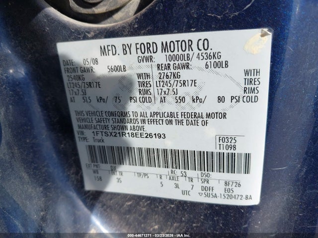 Продажа на аукционе авто 2008 Ford F-250 Fx4/lariat/xl/xlt, vin: 1FTSX21R18EE26193, номер лота: 44671271