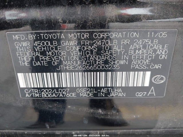 Aukcja sprzedaży 2006 Lexus Is 350, vin: JTHBE262665003235, numer aukcji: 44671294