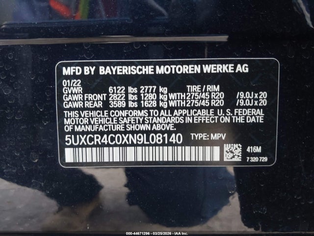 Продаж на аукціоні авто 2022 Bmw X5 Sdrive40i, vin: 5UXCR4C0XN9L08140, номер лоту: 44671296
