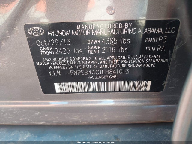 5NPEB4AC1EH841013 Hyundai SONATA GLS