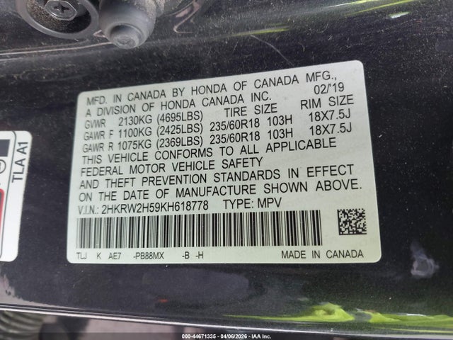 Honda CR-V EX 2019 2HKRW2H59KH618778 Image 9