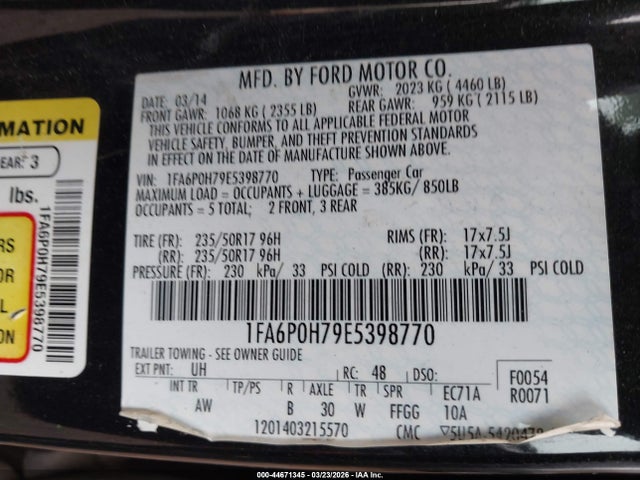 2014 Ford Fusion Se მანქანა იყიდება აუქციონზე, vin: 1FA6P0H79E5398770, აუქციონის ნომერი: 44671345