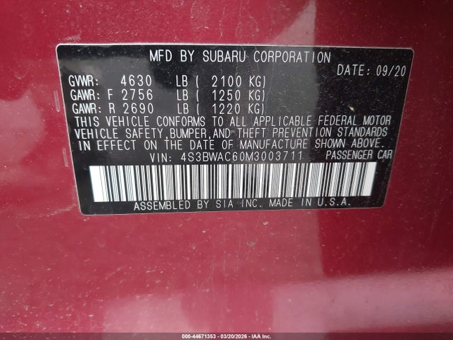 Продажа на аукционе авто 2021 Subaru Legacy Premium, vin: 4S3BWAC60M3003711, номер лота: 44671353