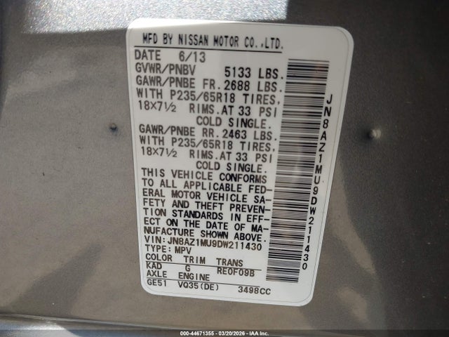 Продаж на аукціоні авто 2013 Nissan Murano S, vin: JN8AZ1MU9DW211430, номер лоту: 44671355