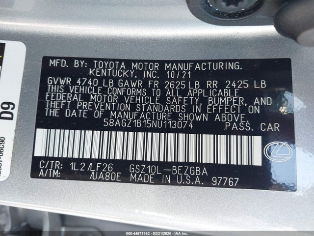 Продаж на аукціоні авто 2022 Lexus Es 350 F Sport, vin: 58AGZ1B15NU113074, номер лоту: 44671362
