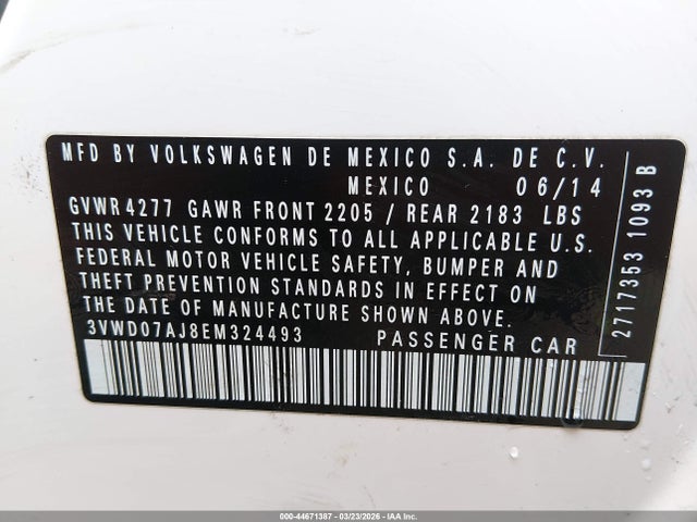 Продаж на аукціоні авто 2014 Volkswagen Jetta 1.8t Se, vin: 3VWD07AJ8EM324493, номер лоту: 44671387