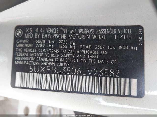 Aukcja sprzedaży 2006 Bmw X5 4.4i, vin: 5UXFB53506LV23582, numer aukcji: 44671395