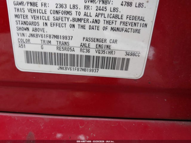 Aukcja sprzedaży 2007 Infiniti G35x, vin: JNKBV61F87M819937, numer aukcji: 44671406